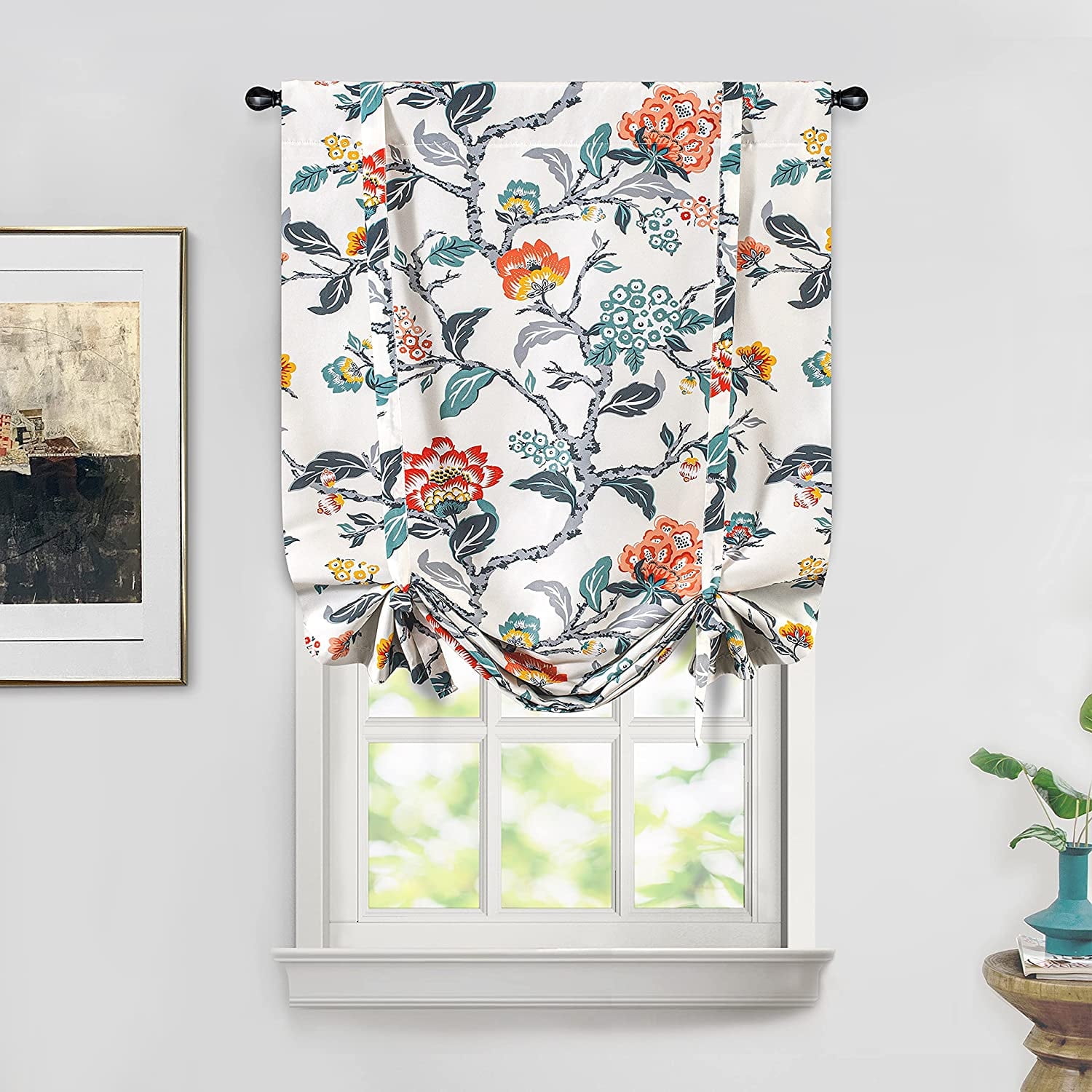 Ada Floral Botanical Print White Polyester Blackout Tie Up Curtain