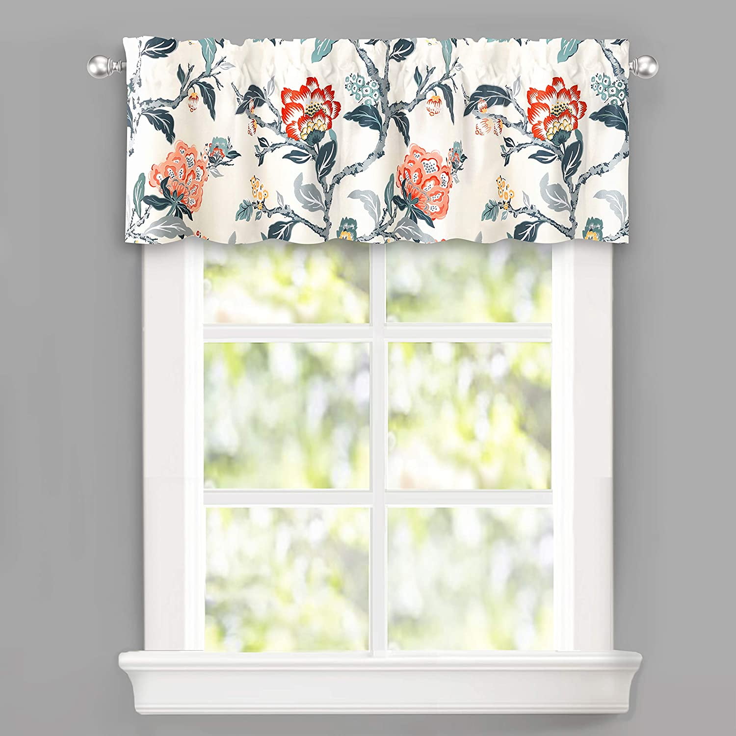 Ivory Orange Teal Floral Botanical Thermal Insulated Window Valance