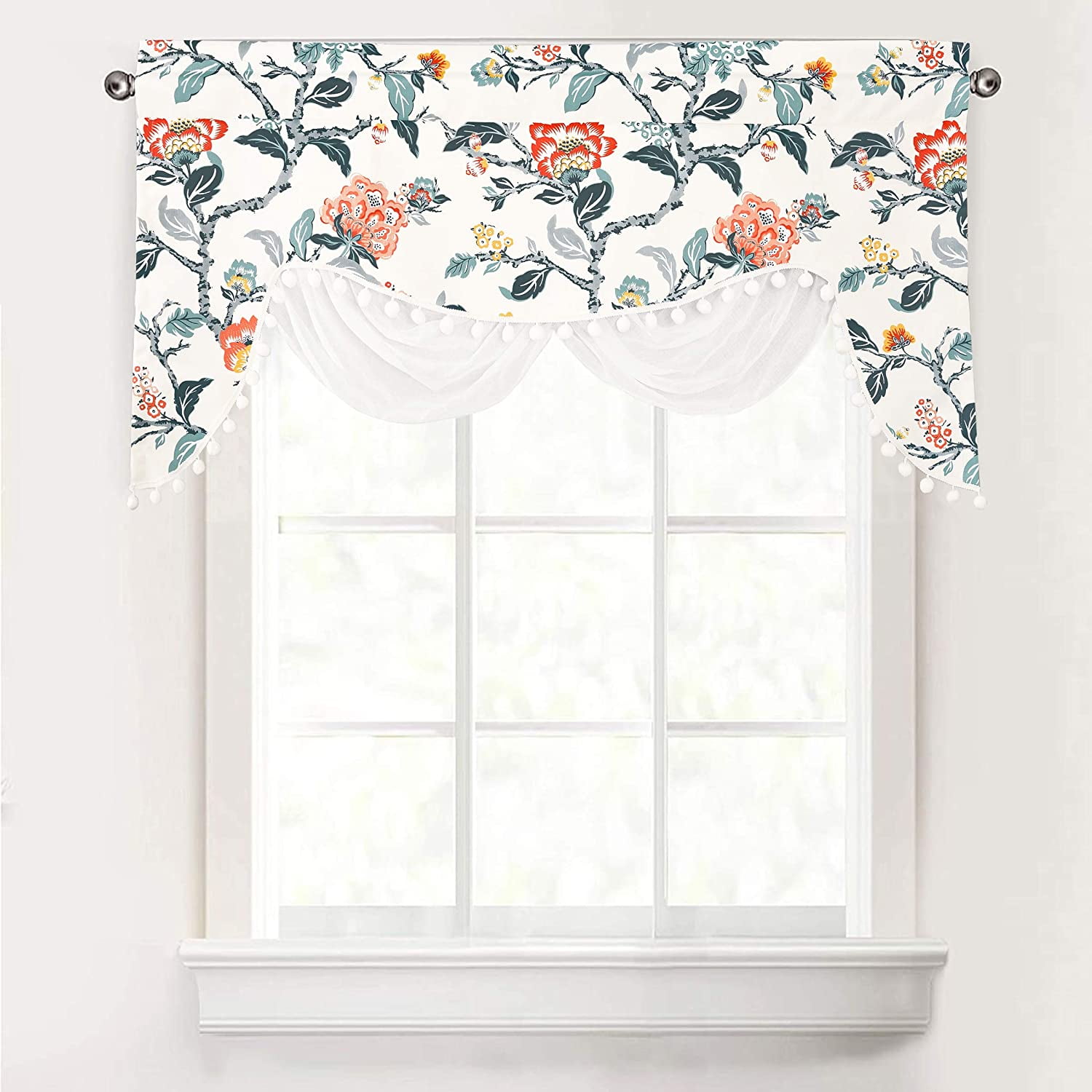 Ivory Orange Teal Floral Botanical Thermal Insulated Valance