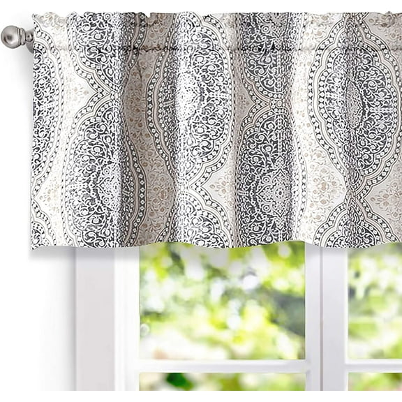 DriftAway Adrianne Damask and Floral Pattern Window Curtain Valance, 2 Pack, 52" x 14" Plus 1.75" Header, Beige and Gray