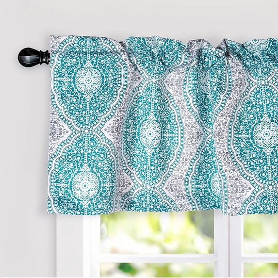DriftAway Adrianne Damask and Floral Pattern Window Curtain Valance Single, 52" x 20", Teal Blue