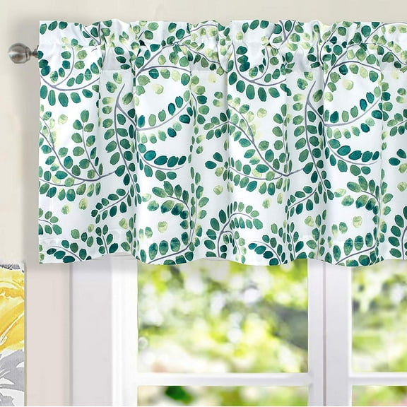 DriftAway Aleena Valance 2 Layers Room Darkening Blackout Valance for Cafe Kitchen Bedroom Living Room Bathroom Floral Scroll Window Treatment Valance 50 Inch by 18 Inch Plus 2 Inch Green White