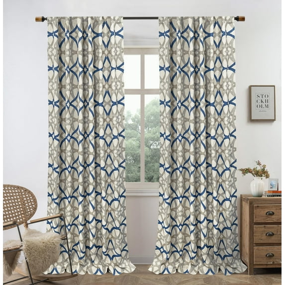 DriftAway Alexander Blackout Curtains for Living Room Linen Blend Pattern Match Thermal Insulated Room Darkening Geo Moroccan Mid Century Back Tab Bedroom Drapes 2 Panels 52 x 96 Inch Linen Navy