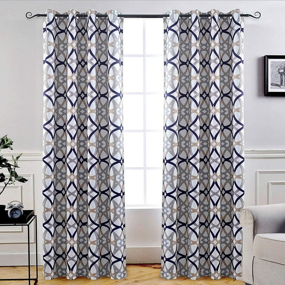 DriftAway Alexander Grommet Unlined Window Curtains Spiral Geo Trellis Pattern, 2 Panels, 52" x 96", Gray/Navy