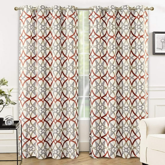 DriftAway Alexander Linen Blend Thermal Blackout Grommet Lined Window Curtains Spiral Geo Trellis Pattern, 2 Panels, 52" x 84", Red