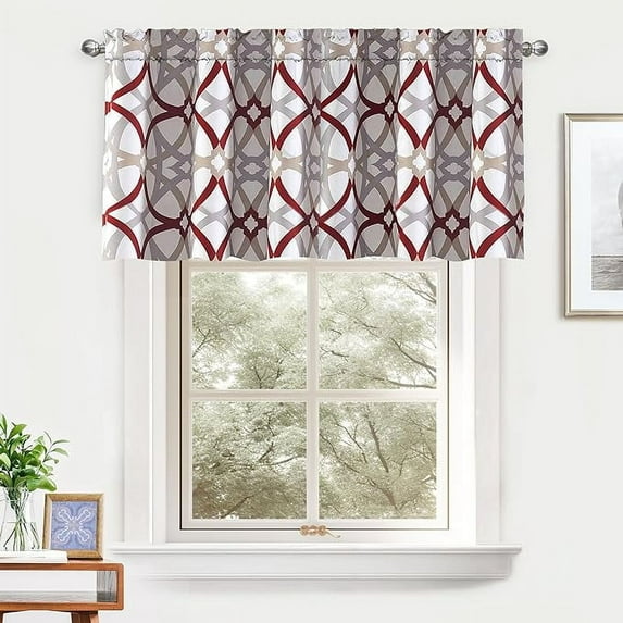 DriftAway Alexander Spiral Geo Trellis Pattern Window Curtain Valance Rod Pocket 24"L x 52"W Plus 2" Header Red/Gray