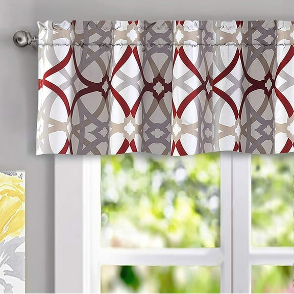 DriftAway Alexander Spiral Geo Trellis Pattern Window Curtain Valance Rod Pocket 52 Inch by 14 Inch Plus 2 Inch Header Red and Gray 1 Pack