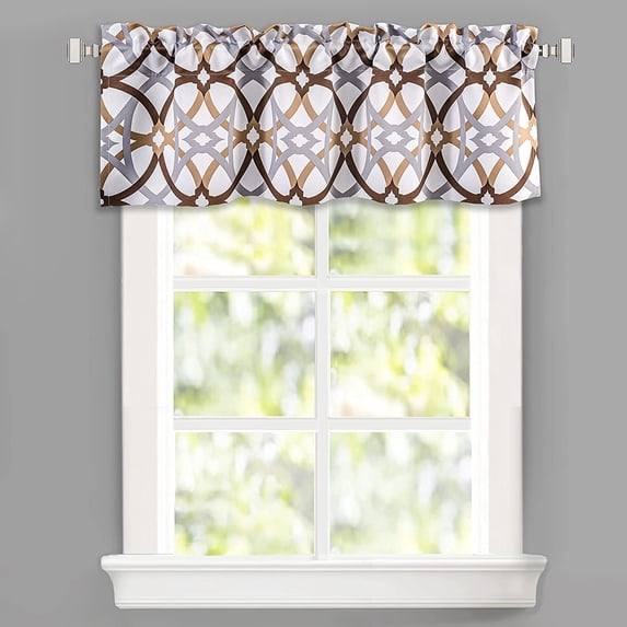 DriftAway Alexander Spiral Geo Trellis Pattern Window Curtain Valance Rod Pocket, 52" x 14" Plus 2" Header, Brown, 1 Pack