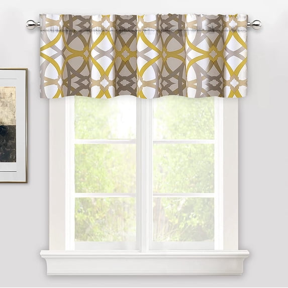 DriftAway Alexander Spiral Geo Trellis Pattern Window Curtain Valance Rod Pocket 52" x 14" Plus 2" Header, Yellow and Gray, 1 Pack