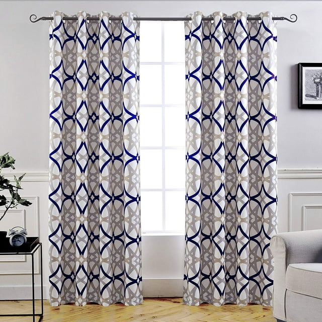 DriftAway Alexander Thermal Blackout Grommet Unlined Window Curtains, Spiral Geo Trellis Pattern, Set of Two Panels, Each Size 52"x84" (Navy/Gray)