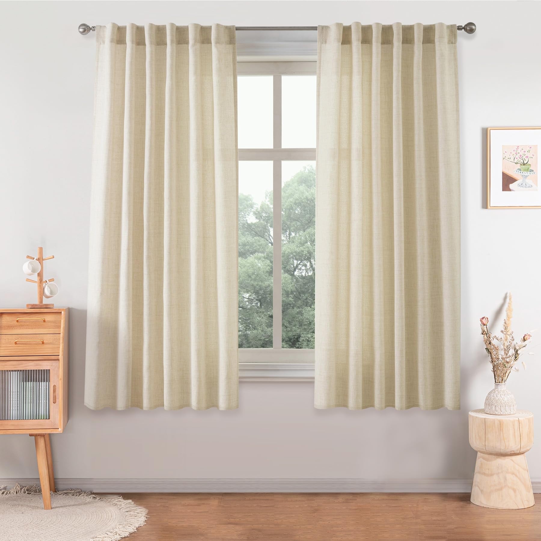 DriftAway Beige Linen Curtains 63 Inches Long for Living Room Thick Semi Sheer 2 Panels Farmhouse 3 Inch Rod Pocket Back Tab Boho Rustic Light Filtering Window Drapes for Bedroom Privacy Assured