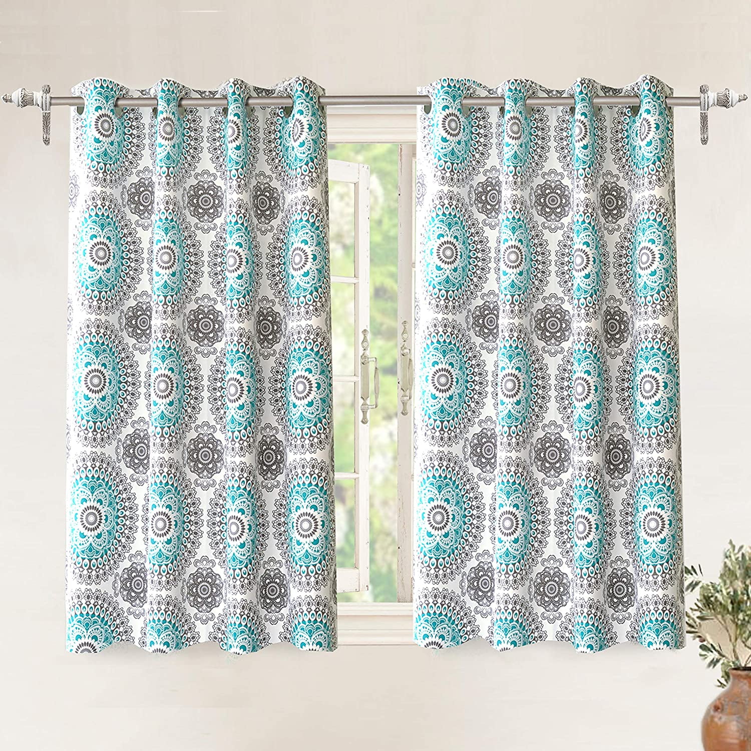 Gray and Aqua Medallion Room-Darkening Polyester Window Panels