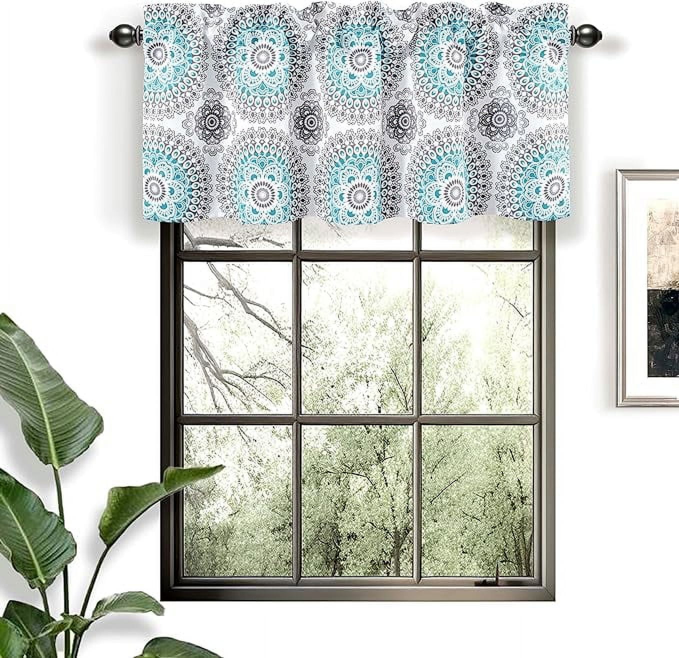 DriftAway Bella Medallion Pattern Room Darkening Rod Pocket Window Curtain Valance 52 Inch by 18 Inch Aqua and Gray