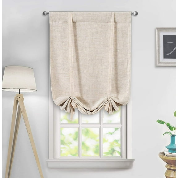 DriftAway Blackout Linen Textured Solid Basic Room Darkening Thermal Insulated Tie Up Adjustable Balloon Rod Pocket Curtain 47"L x 25"W Beige