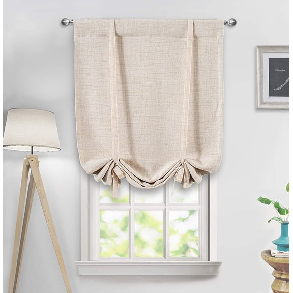 DriftAway Blackout Linen Textured Solid Basic Room Darkening Thermal Insulated Tie Up Adjustable Balloon Rod Pocket Curtain 47"L x 31"W Beige
