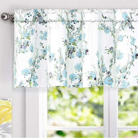 DriftAway Blossom Abstract Floral Ink Painting Lined Window Curtain Valance, 2 Layer, Rod Pocket, 52"x18"+2" header (Blue)