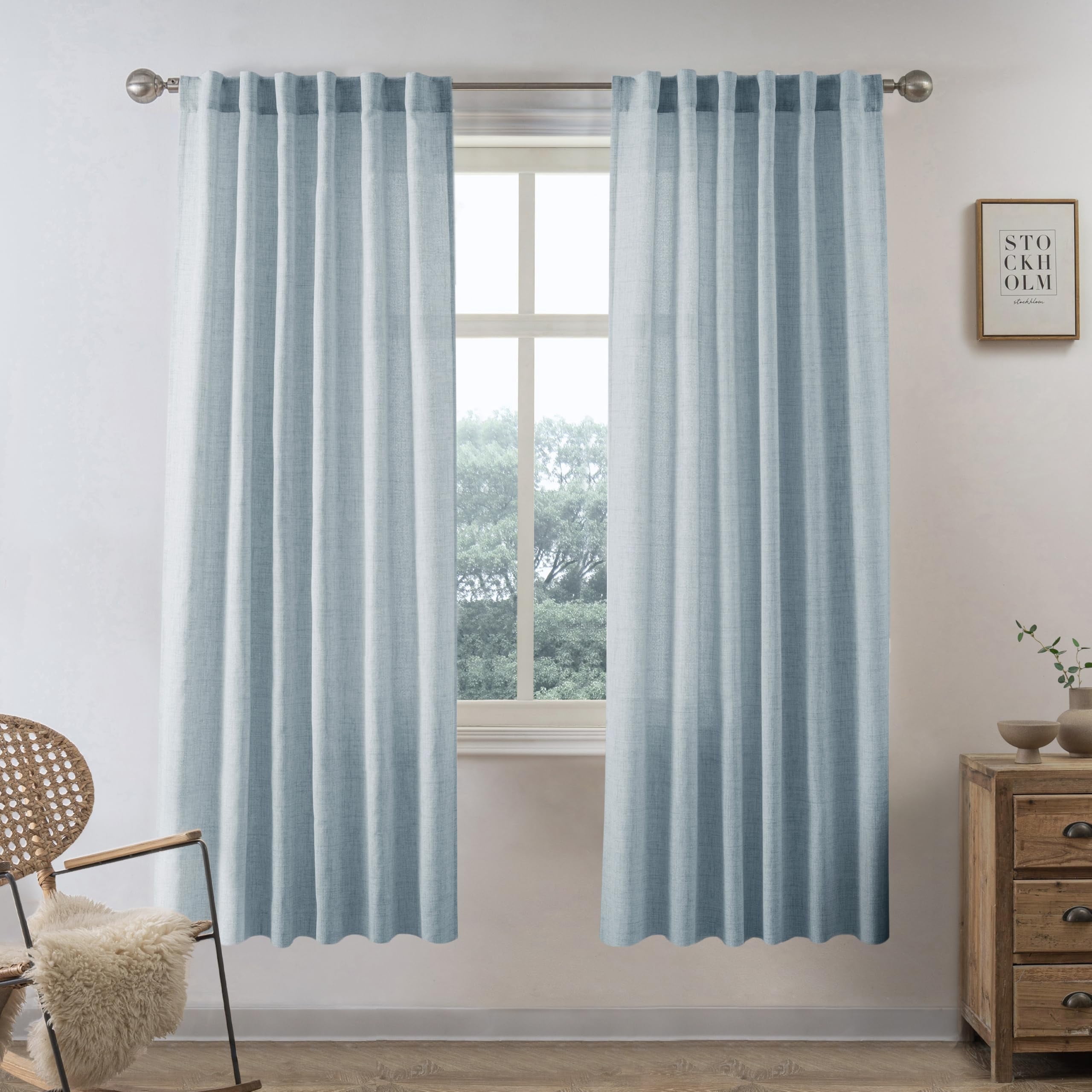 DriftAway Blue Linen Curtains 63 Inches Long for Living Room Thick Semi Sheer 2 Panels Farmhouse 3 Inch Rod Pocket Back Tab Boho Rustic Light Filtering Window Drapes for Bedroom Privacy Assured