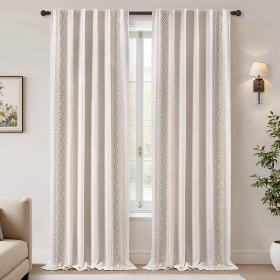 DriftAway Boho Linen Blackout Curtains Double Layer Thermal Insulated Farmhouse Vintage Geo Retro Square Printed Pattern Lined Drapes for Living Room Bedroom 96 Inches Long Back Tab 2 Panels Beige