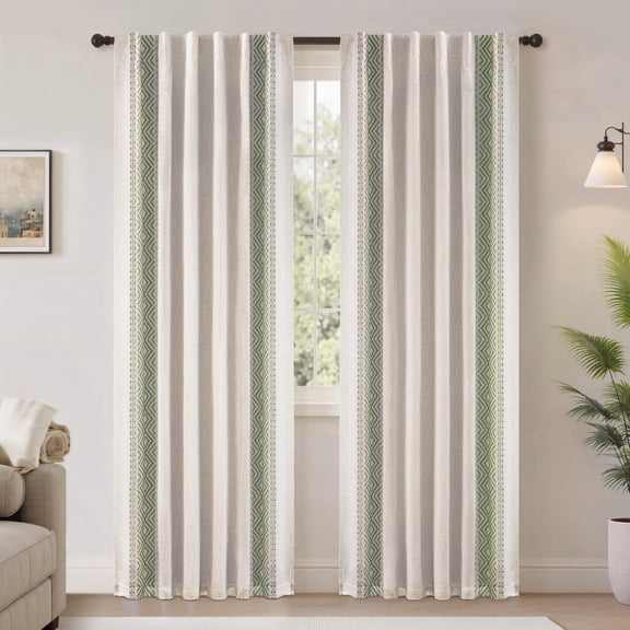 DriftAway Boho Linen Blackout Curtains Double Layer Thermal Insulated Farmhouse Vintage Geo Retro Square Printed Pattern Lined Drapes for Living Room Bedroom 84 Inches Back Tab 2 Panels Loden Green
