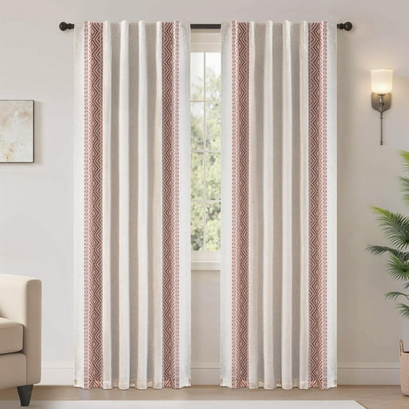 DriftAway Boho Linen Blackout Curtains Double Layer Thermal Insulated Farmhouse Vintage Geo Retro Square Printed Pattern Lined Drapes for Living Room Bedroom 84 Inches Long Back Tab 2 Panels Red