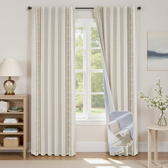 DriftAway Boho Linen Blackout Curtains Double Layer Thermal Insulated Farmhouse Vintage Retro Printed Trim Pattern Lined Drapes for Living Room Bedroom 84 Inches Long Back Tab 2 Panels Beige