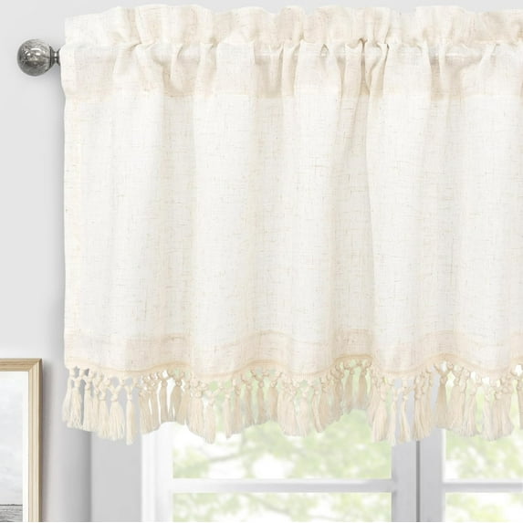 DriftAway Boho Tassel Kitchen Valance for Windows Farmhouse Linen Blend Kitchen Curtains Rod Pocket Curtains Rustic Short Curtain Tier Curtain for Living Room Bedroom Bathroom 52x18 Inch Light Linen