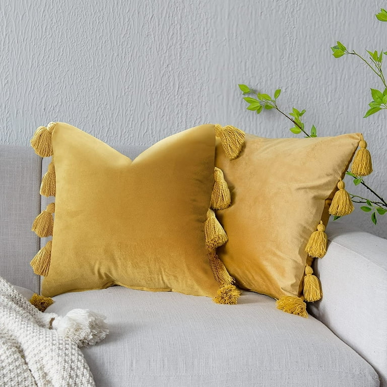 DriftAway Boho Throw Pillow Covers Decorative Square Home Cushion Velvet  Tassels 2 Pieces 18 inch by 18 inch Solid Gold Yellow 