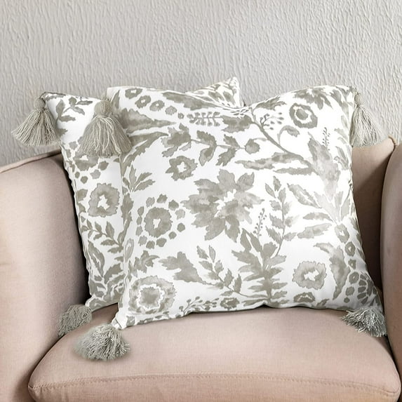 DriftAway Boho Throw Pillow Covers Julia Modern Farmhouse Decorative Home Cushion Velvet Tassels Watercolor Blooming Flower Floral Pattern for Bed Sofa or Bench 2 Pieces 18"L x 18"W Gray