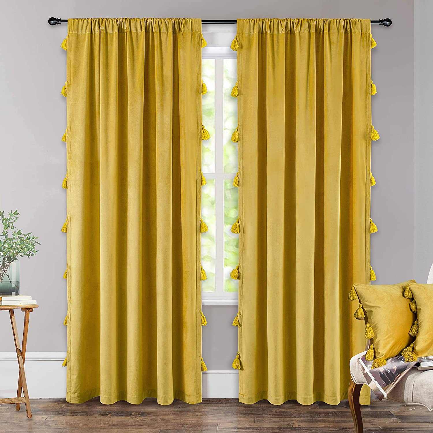 DriftAway Boho Velvet Handmade Tassel Curtain Room Darkening Thermal