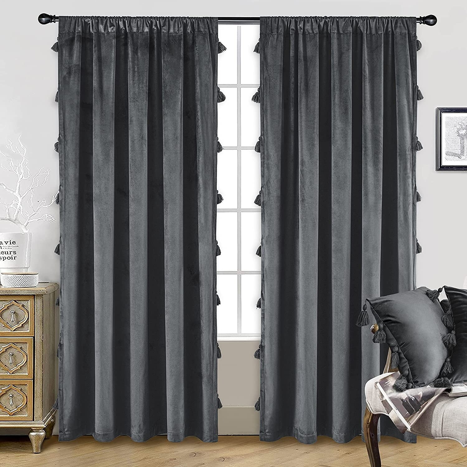DriftAway Boho Velvet Handmade Tassel Curtain Room Darkening Thermal