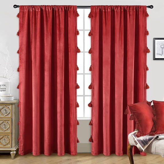 DriftAway Boho Velvet Handmade Tassel Curtain Room Darkening Thermal Insulated Window Curtain Rod Pocket 2 Panels 84"L x 50"W Red Ochre