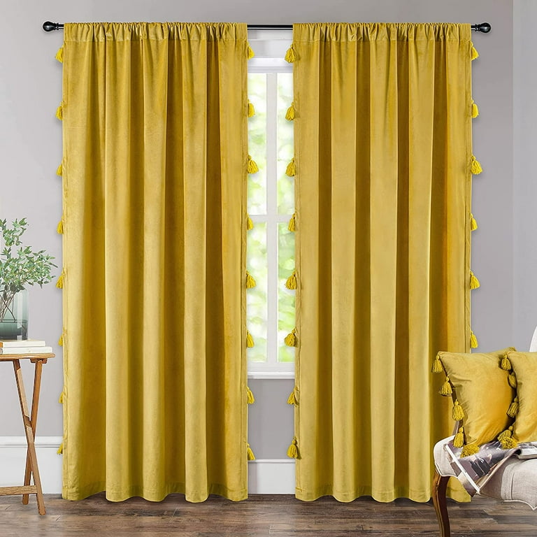 Driftaway Boho Velvet Handmade Tassel Curtain Room Darkening Thermal Insulated Window Curtains Gold Yellow 50 Width X 84 Length Inches Com