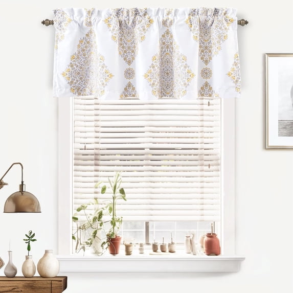 DriftAway Brianna Blossom Floral Sketch Diamond Geometric Printed Printed Pattern Lined Thermal Insulated Window Curtain Valance Rod Pocket Single, 52" x 18" Plus 2" Header, Yellow