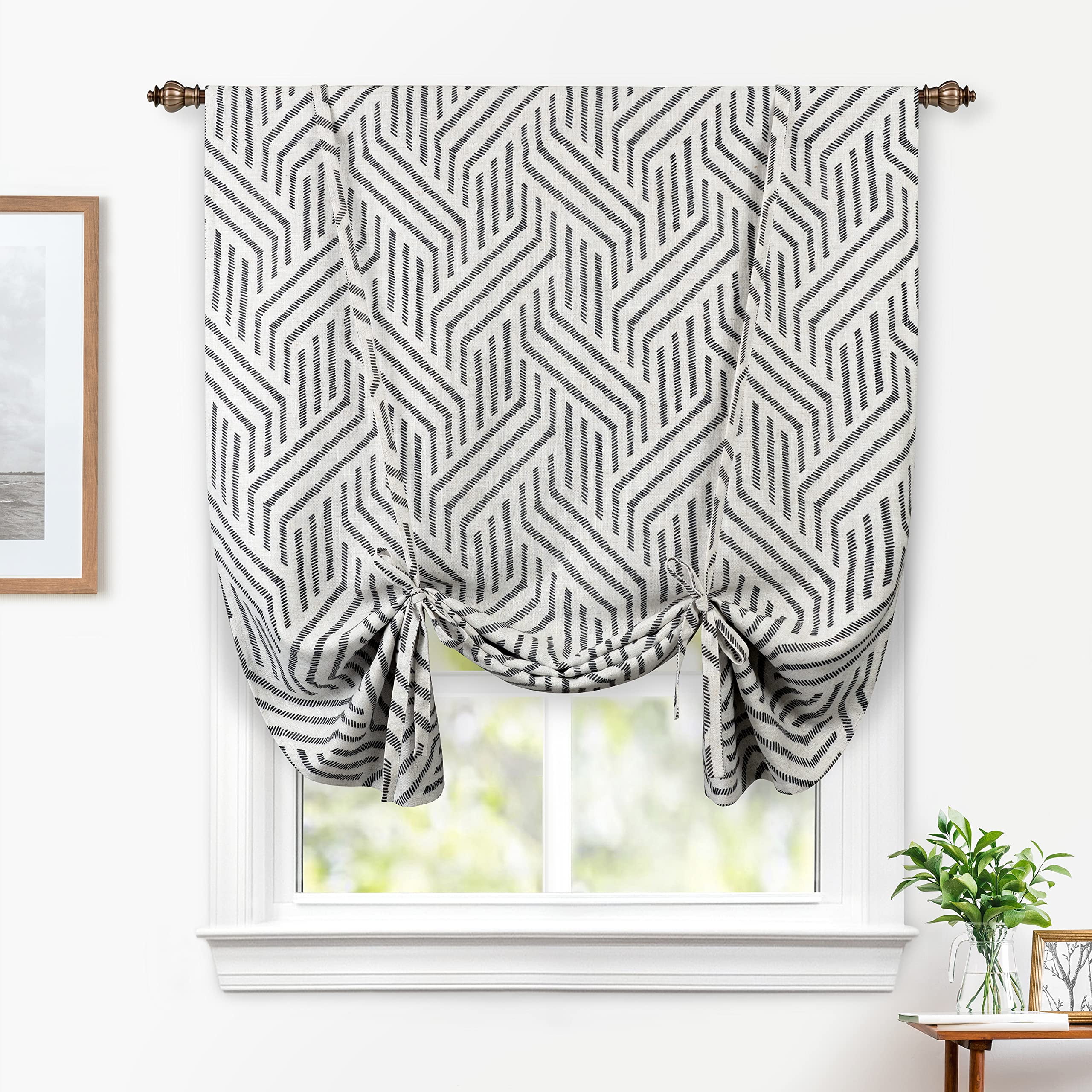Black and White Linen Blend Blackout Tie-Up Kitchen Curtain