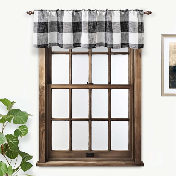 DriftAway Buffalo Check Woven Plaid Pattern Lined Blackout Rod Pocket Window Curtain Valance Black 52" width x 14 " length