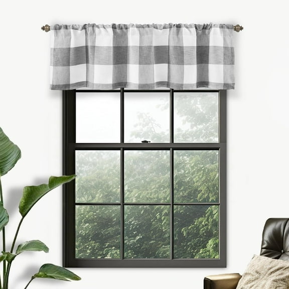 DriftAway Buffalo Check Woven Plaid Pattern Lined Blackout Rod Pocket Window Curtain Valance Grey 52" width x 14 " length