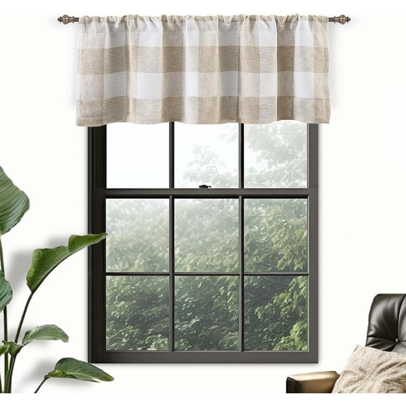 DriftAway Buffalo Check Woven Plaid Pattern Lined Blackout Rod Pocket Window Curtain Valance Taupe 52" width x 18" length