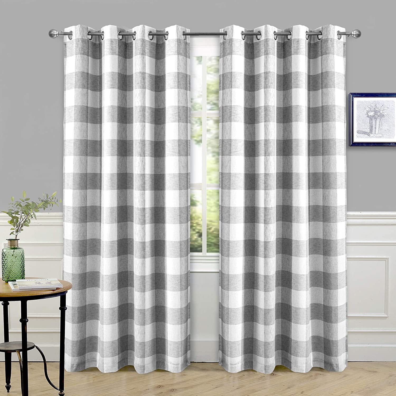 DriftAway Buffalo Check Woven Plaid Pattern Lined Blackout Thermal Insulated Window Curtain Grommet 2 Layers 2 Panels 50 Inch by 84 Inch Gray