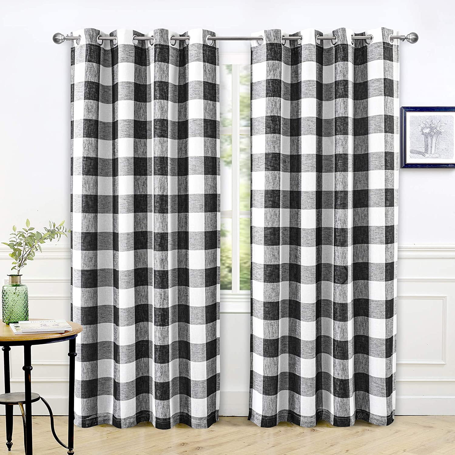 DriftAway Buffalo Check Woven Plaid Pattern Lined Blackout Thermal Insulated Window Curtain Grommet, 2 Panels, 50" x 84", Black