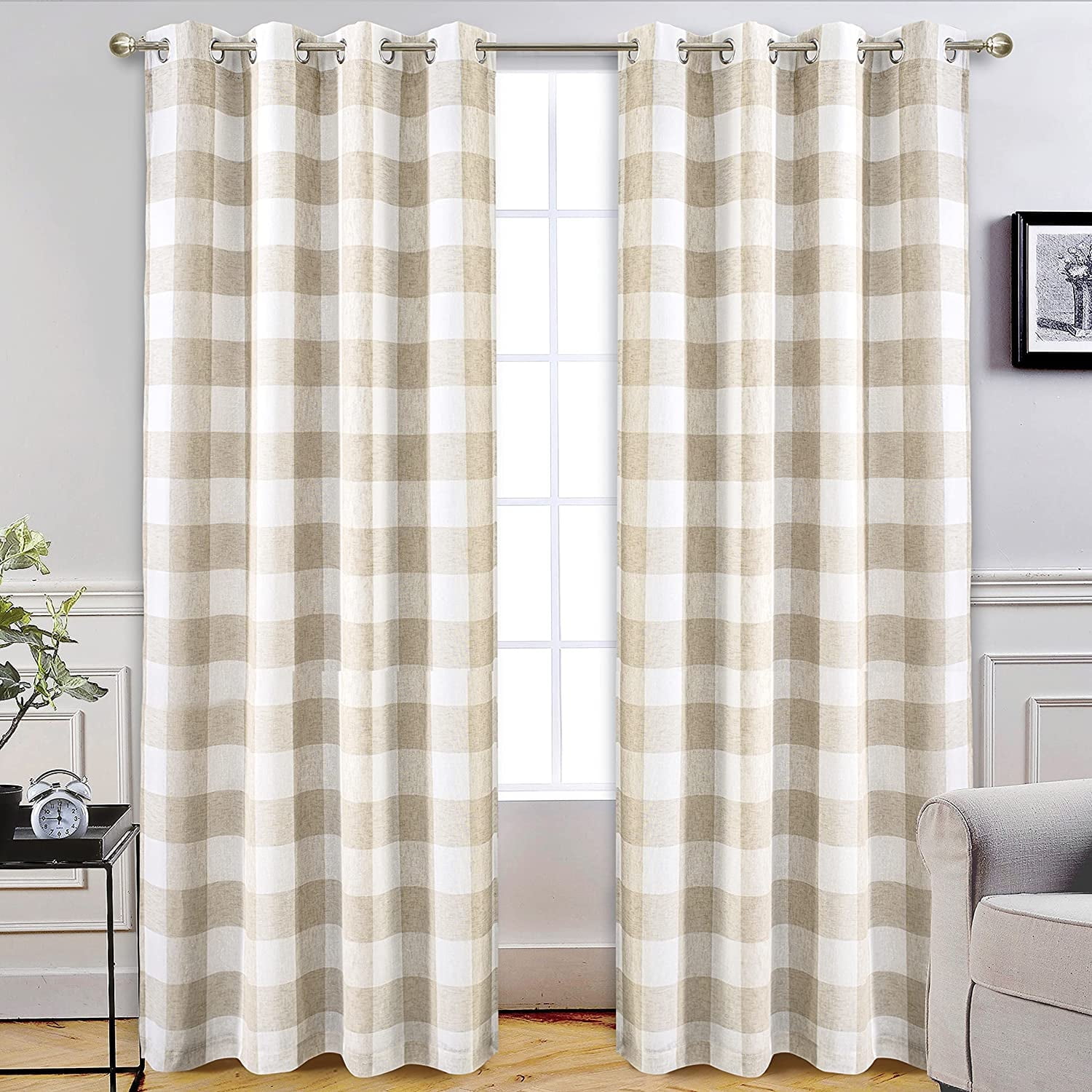 DriftAway Buffalo Check Woven Plaid Pattern Lined Blackout Thermal Insulated Window Curtain Grommet, 2 Panels, 52" x 96", Taupe