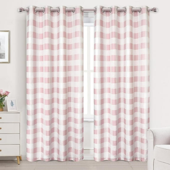 DriftAway Buffalo Checker Pattern Grommet Room Darkening Window Curtains Printed Plaid, 2 Panels, 52" x 84", Pink
