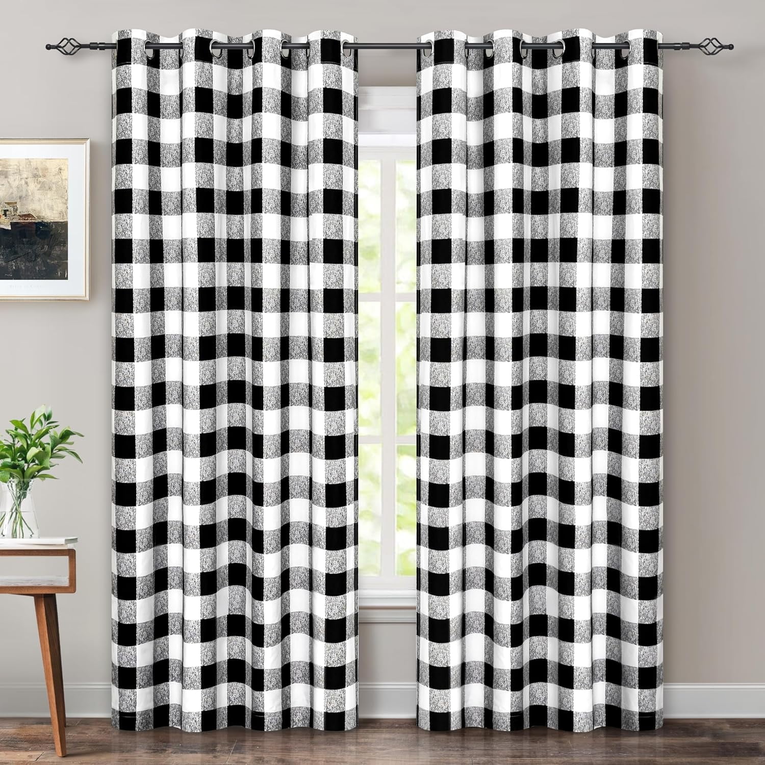 DriftAway Buffalo Checker Pattern Lined Blackout Grommet Window Curtains Printed Plaid 2 Layer Set of 2 Panels 52 Inch by 84 Inch Black