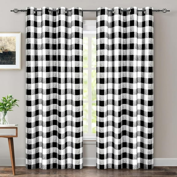 DriftAway Buffalo Checker Pattern Lined Blackout Grommet Window Curtains Printed Plaid 2 Layer Set of 2 Panels 52 Inch by 84 Inch Black