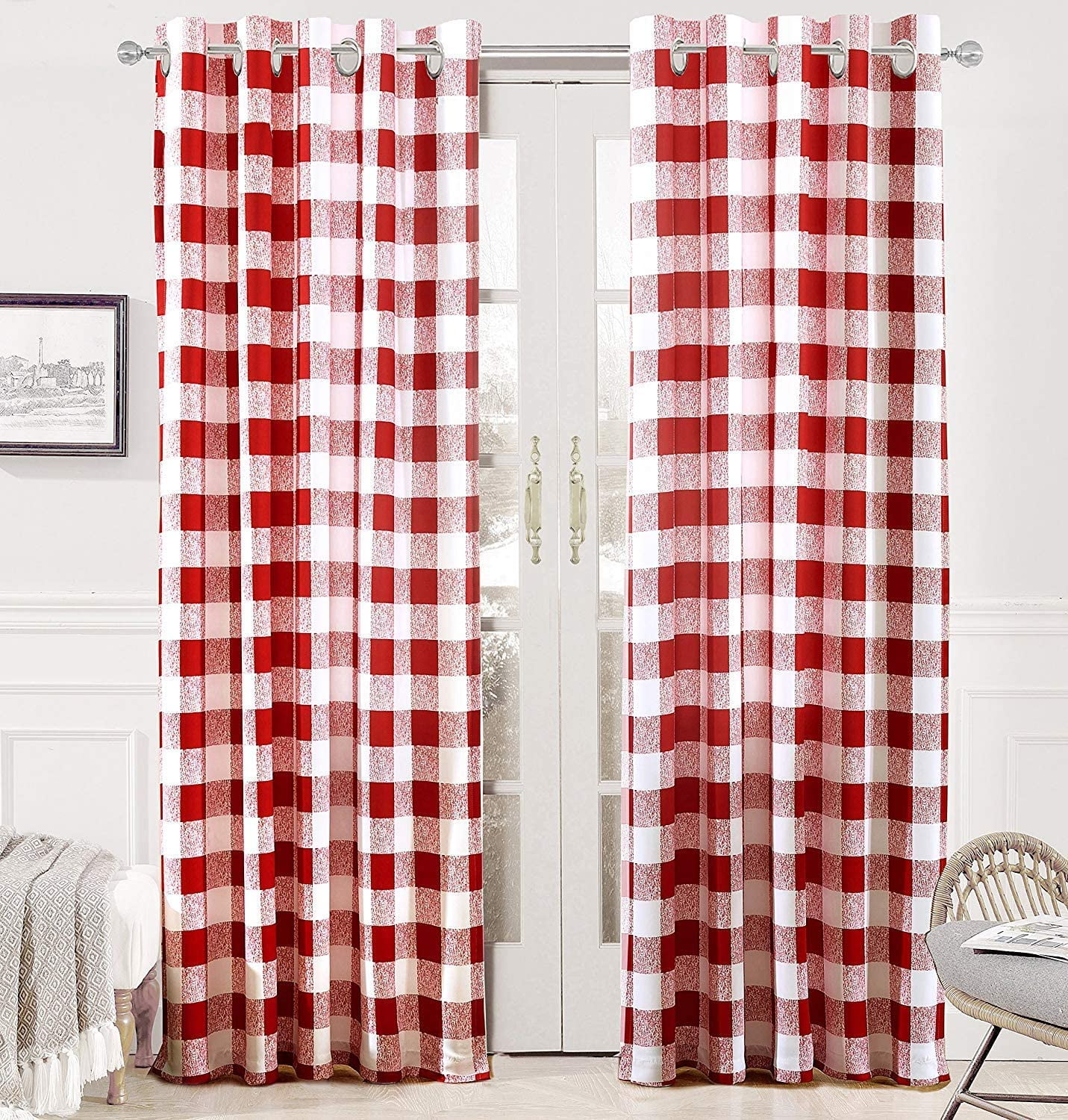 Red and White Checkered Blackout Grommet Curtain Panels, 84" x 52"