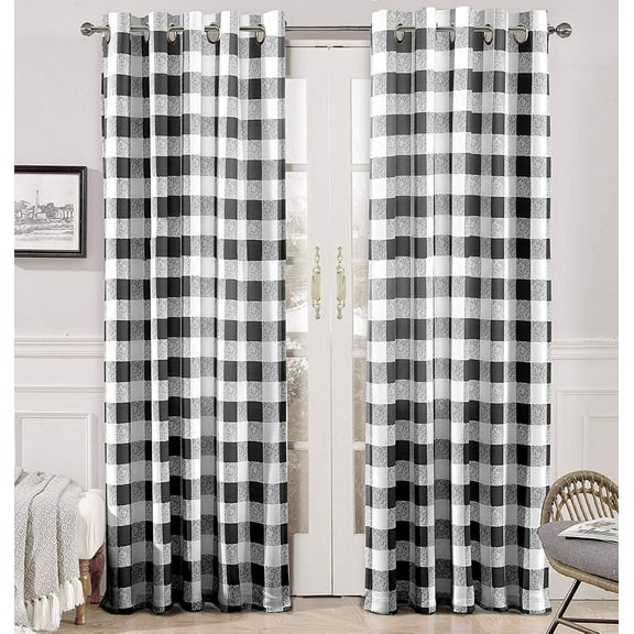 DriftAway Buffalo Checker Pattern Lined Blackout Grommet Window Curtains Printed Plaid 2 Layer Set of 2 Panels 52 Inch by 96 Inch Black