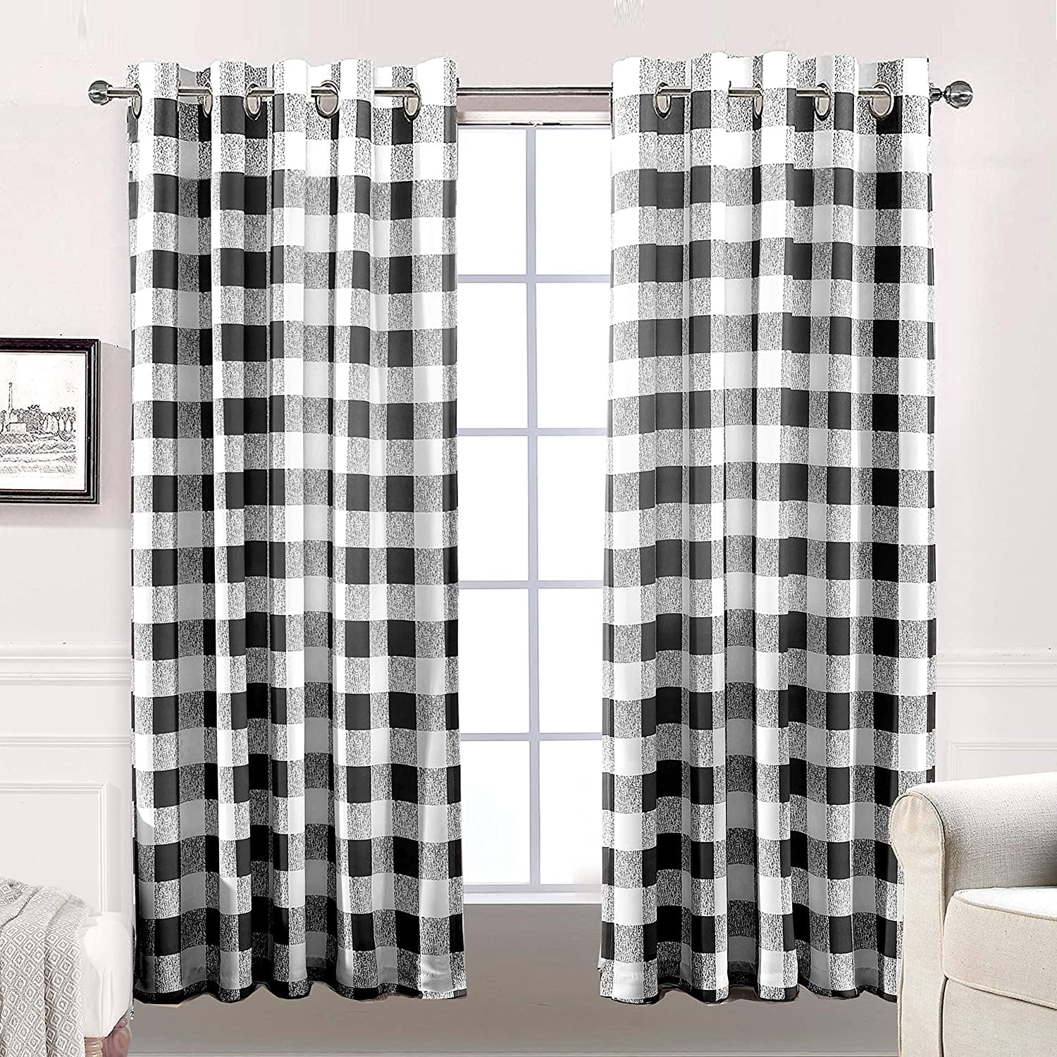 DriftAway Buffalo Checker Pattern Lined Thermal Insulated Blackout and Room Darkening Grommet Window Curtains Printed Plaid 2 Layer Set of 2 Panels