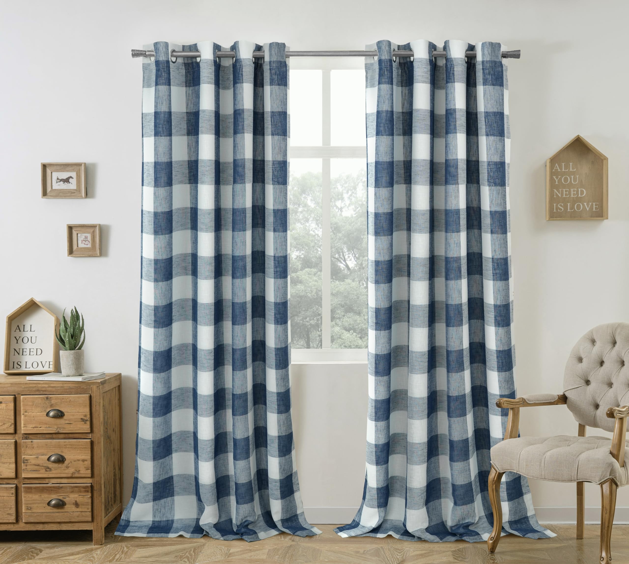 DriftAway Buffalo Plaid Check Curtains Woven Plaid Pattern Lined Blackout Thermal Insulated Window Curtain Grommet 2 Layers 2 Panels 52 Inch by 84 Inch Navy Blue