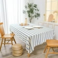 thumbnail image 1 of DriftAway Burlap Linen Tablecloth Dining Table Cover for 6 Foot Rectangle Tables Farmhouse Striped Tablecloths Wrinkle Resistant with Pom Pom Tassel Fall Holiday tablecloths 54 x 84 Inch Navy Beige, 1 of 8