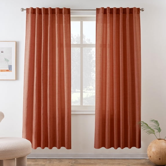 DriftAway Burnt Orange Linen Curtains 63 Inches Long for Living Room Thick Semi Sheer 2 Panels Farmhouse Rod Pocket Back Tab Boho Rustic Light Filtering Window Drapes for Bedroom Privacy Assured