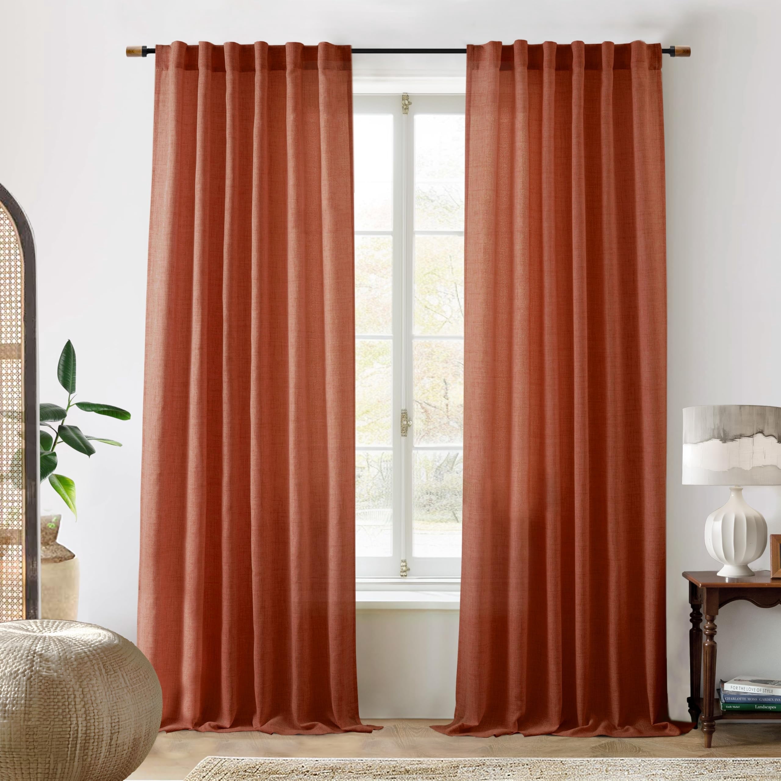 DriftAway Burnt Orange Linen Curtains 84 Inches Long for Living Room Thick Semi Sheer 2 Panels Farmhouse Rod Pocket Back Tab Boho Rustic Light Filtering Window Drapes for Bedroom Privacy Assured